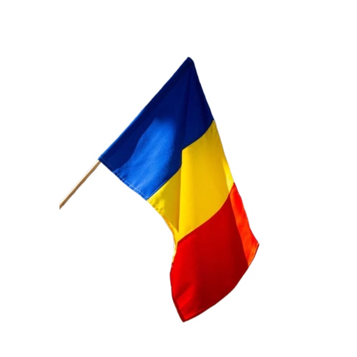 Steag tricolor Romania, dimensiune 150 x 100 cm, cu bat din lemn cu lungimea de 150 cm