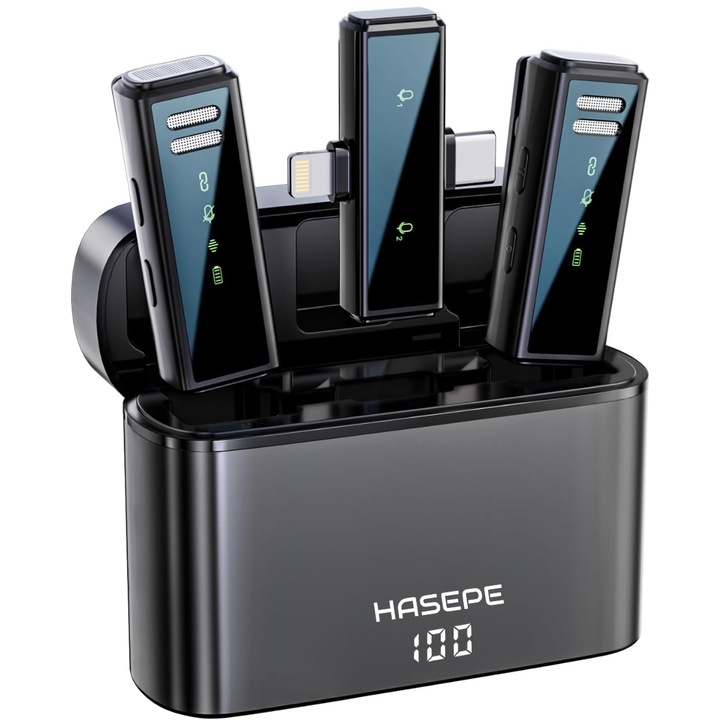 Set 2 Microfoane Lavaliera Wireless Profesionale HASEPE, Reducere Zgomot DSP, Compatibile iPhone, Android, Laptop, Tableta, 2.4G Stabil, Reincarcabile, Ideale pentru Vlog, Live, Podcast