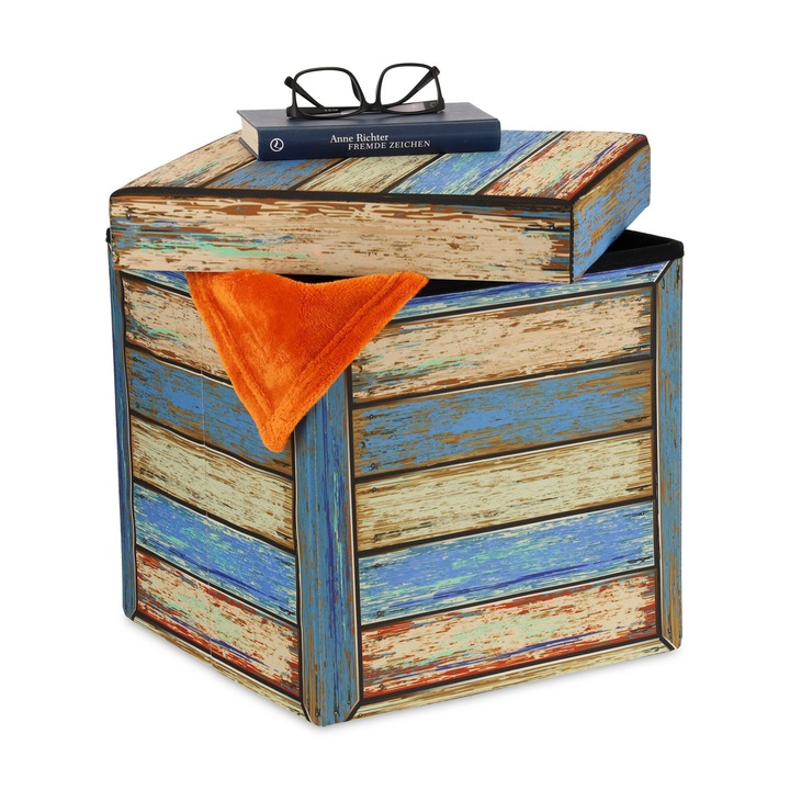 Taburet vintage cu spatiu de depozitare, albastru/maro, 38 x 37, 5 x 37, 5 cm