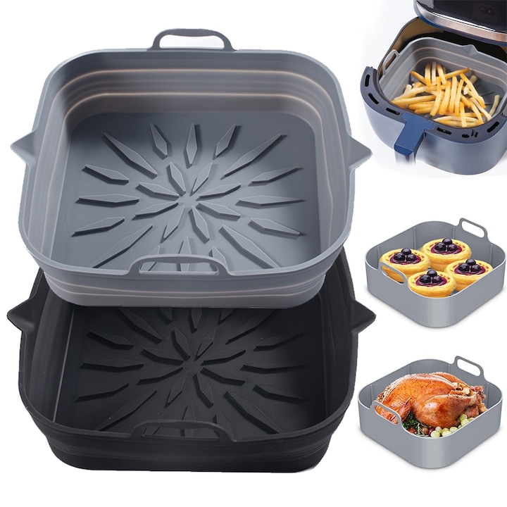 Set 2 Forme Silicon pentru Air Fryer, Reutilizabile si Usor de Curatat, 23x22x5cm (Universal), Negru/Gri, Compatibil cu Philips/Tefal/Ninja, Design Pliabil
