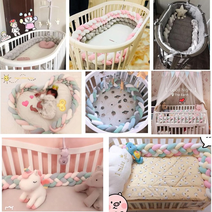 Protectie Laterala pentru Patut Bumper, Morovan, perne rotunde din material moale, Lungime 3 m, Placut la atingere, Protejeaza impotriva curentilor de aer si a loviturilor, Antialergic, Albastru/Roz/Alb