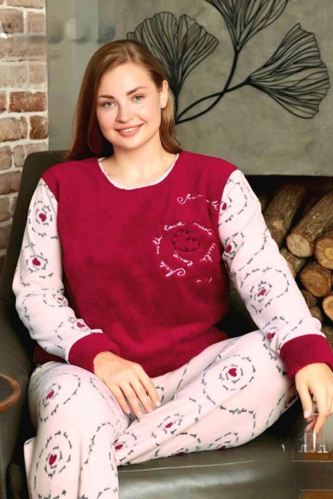 Pijama dama cocolino batal marime mare, pufoasa si calduroasa, love, visiniu, 14209 8375, Visiniu
