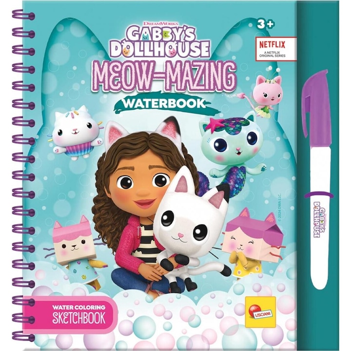 Trusa creativa, Lisciani, Casa de papusi a lui Gabby, Carte de colorat cu apa, Meow-Mazing