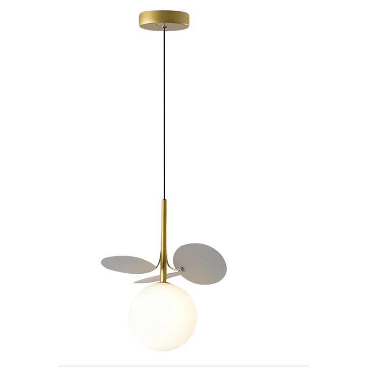 Lustra pe cablu, 1 glob de sticla alba, 3 petale gri, dulie G9, culoare corp auriu, lungime reglabila 150CM