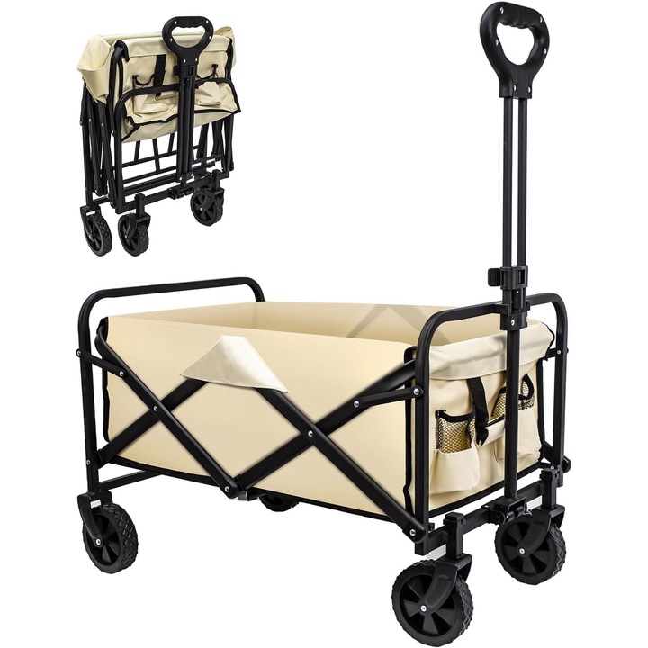 Wacorresi, Összecsukható kerti kocsi, Kempingkocsi, Tárolási méret: 59X47,8X11,5CM, 90L rakodóképesség, 4,5 kg nettó tömeg, 200 kg teherbírás, teljesen acél váz, Kihúzható fogantyú, Gumi kerekek, khaki