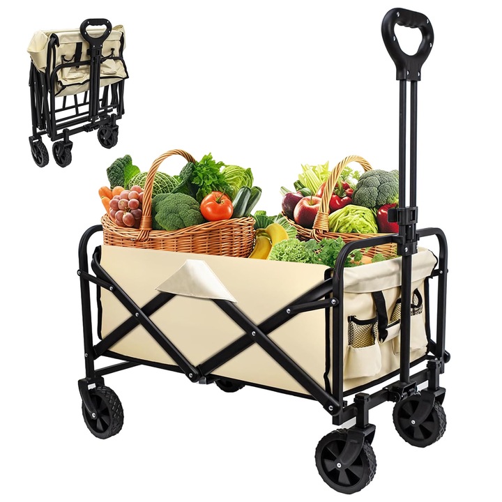 Carucior pliabil de gradina, Wacorresi, Carucior de camping, Storage size: 59X47.8X11.5CM,90L stacking capacity,4.5KG net weight,200 kg load bearing, all steel frame, Maner Extensibil, Roti Cauciucate, khaki