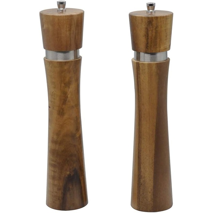 Set de 2 Rasnite pentru Sare si Piper din Lemn de Salcam cu Miez Ceramic, WTO®, 21 cm Inaltime, Control pentru Finetea Macinarii, Natur