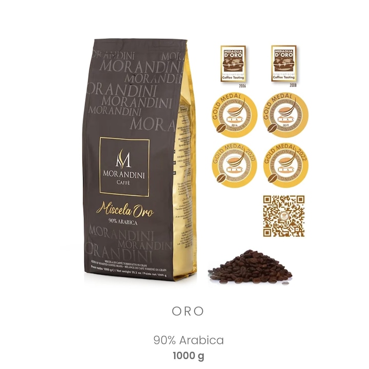 Кафе на зърна Morandini Caffe Miscela Oro, Италианско, 1 кг, 90% Арабика и 10% Робуста, Занаятчийско, award-winning