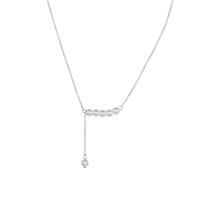 Colier dama din Cupru, Haiaveng, pandantiv perla, 45 cm, argintiu