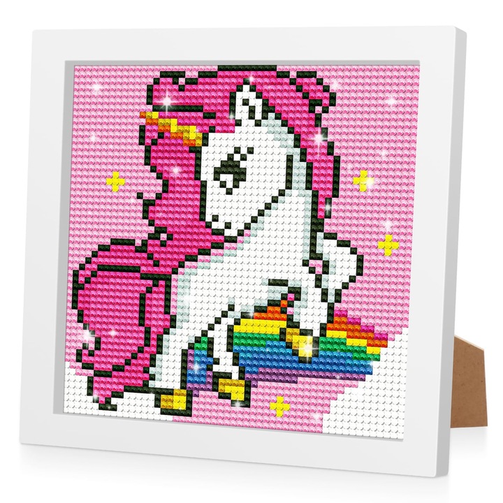 Pictura cu diamante 5D, Unicorn, Rama de lemn, 18x18 cm