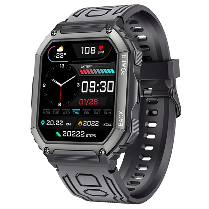 Мъжки смарт часовник TechONE® KR06 Pro Ultra, 1.8 инча IPS Star HD, мулти спорт, bluetooth 5.0 разговор, календар, интелигентен пулс, кислород, водоустойчив IP67, високоговорител, известия, вибрации, черен