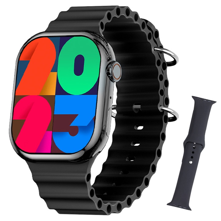 Мъжки смарт часовник TechONE® V9 Pro Ultra, 2.1 инча AMOLED, bluetooth HD разговор, мулти спорт, многоточков пулс, напрежение, кислород, метален корпус, високоговорител, IP68, 2 каишки, черен