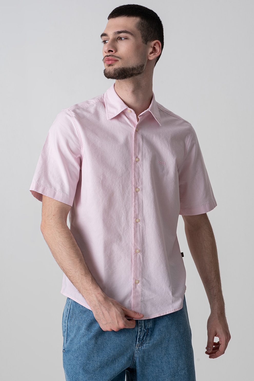 BOSS, Camasa din bumbac cu maneci scurte, Roz pastel, L