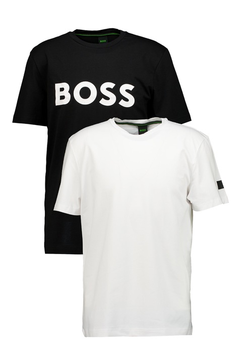 BOSS, Tricou din amestec de bumbac cu imprimeu logo, Alb/Negru