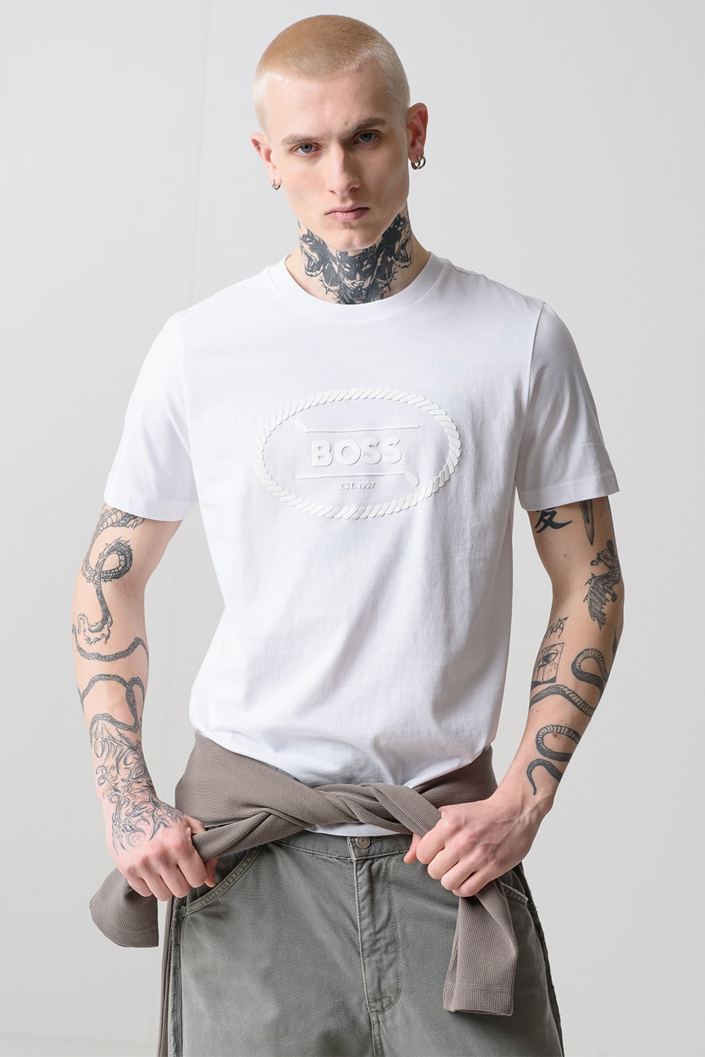 BOSS, Tricou cu imprimeu logo Heritage, Alb optic, 2XL