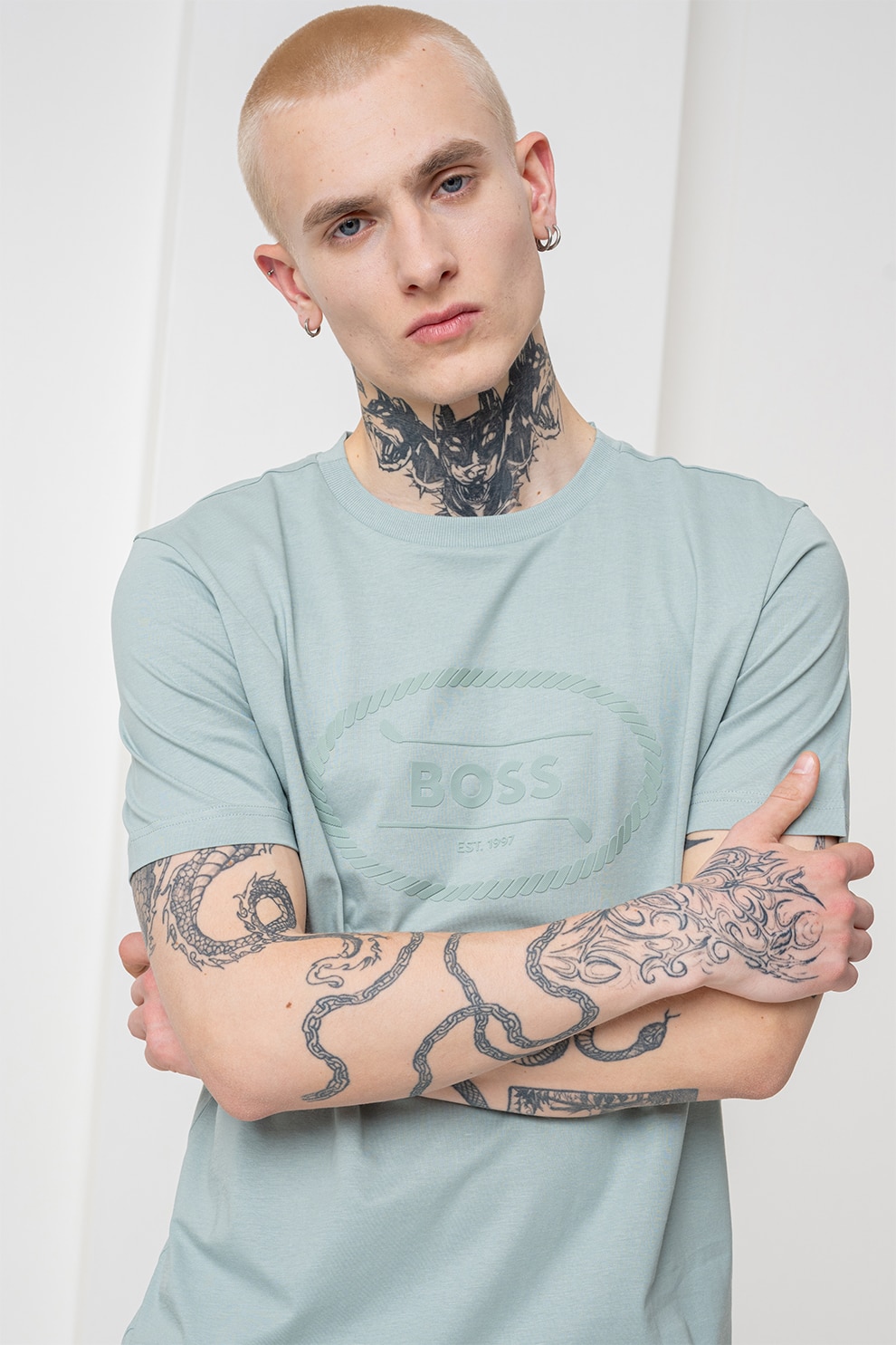 BOSS, Tricou cu imprimeu logo Heritage, Verde deschis, S