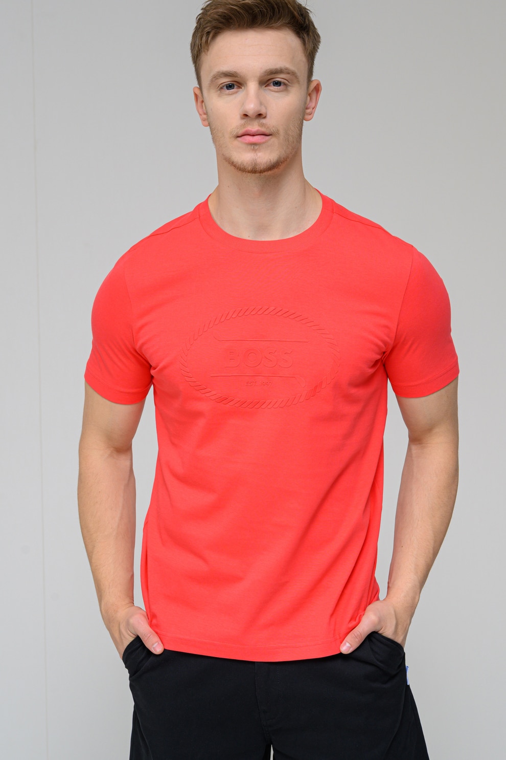 BOSS, Tricou cu imprimeu logo Heritage, Corai, 2XL