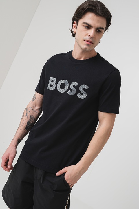 BOSS, Tricou din bumbac cu imprimeu logo, Negru/Gri