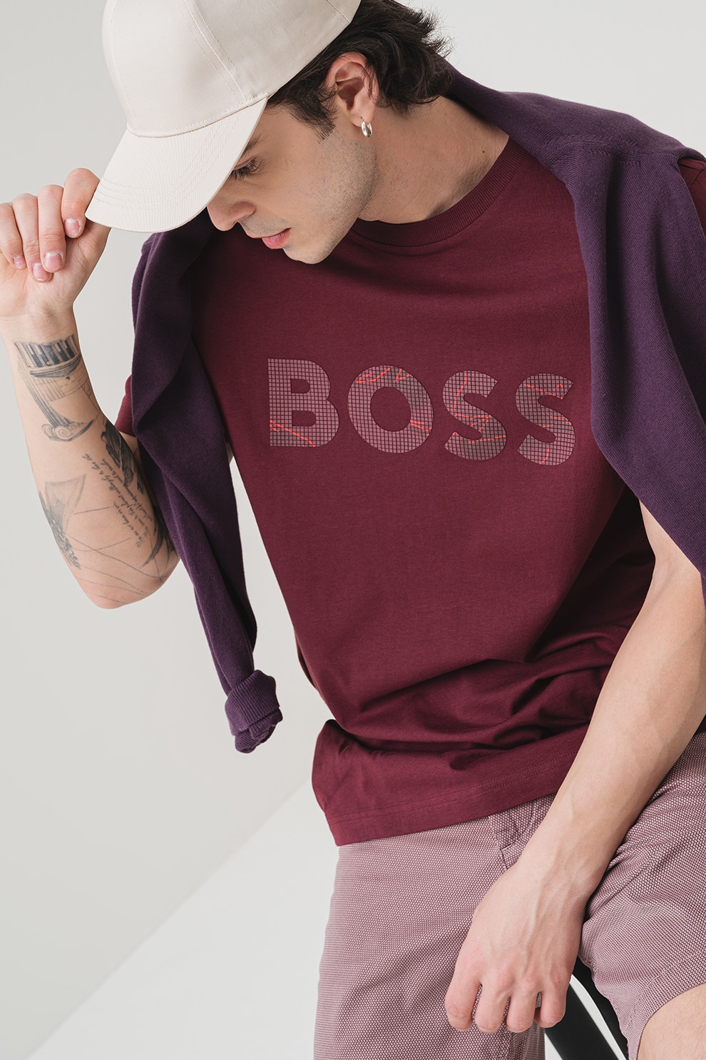 BOSS, Tricou din bumbac cu imprimeu logo, Violet tyrian, S