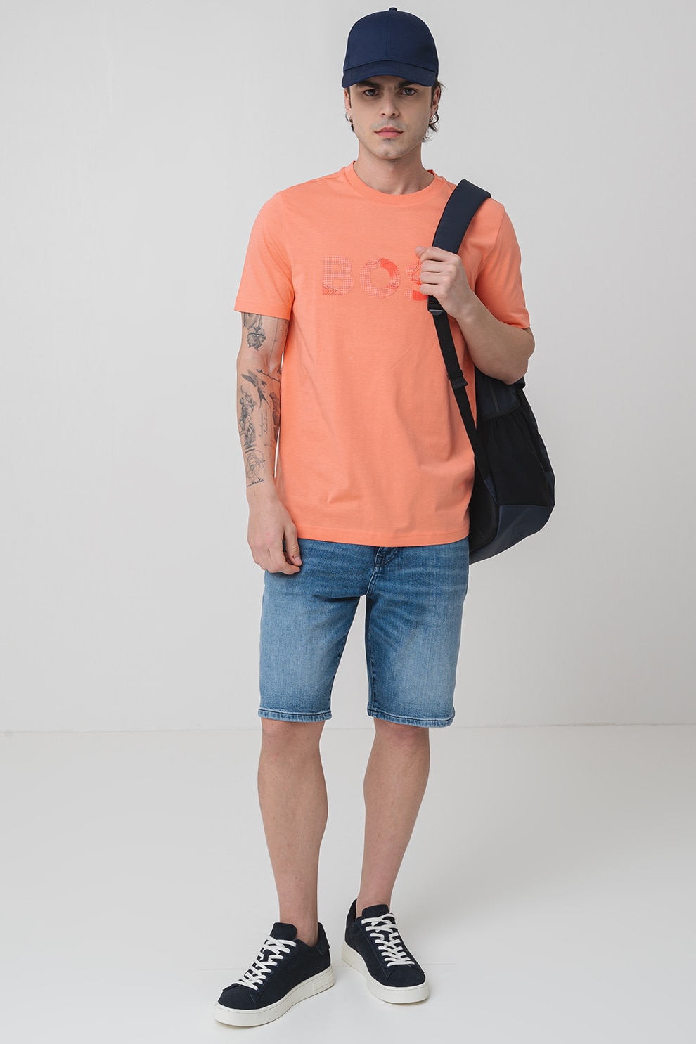 BOSS, Tricou din bumbac cu imprimeu logo, Portocaliu, L