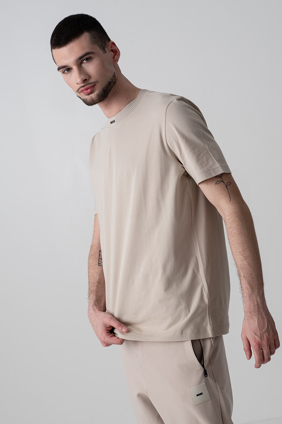 BOSS, Tricou cu decolteu la baza gatului, Bej, 2XL