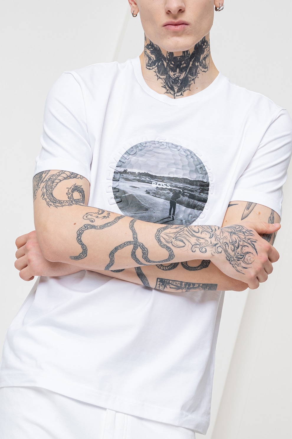 BOSS, Tricou din amestec de bumbac cu imprimeu foto Heritage, Alb, L