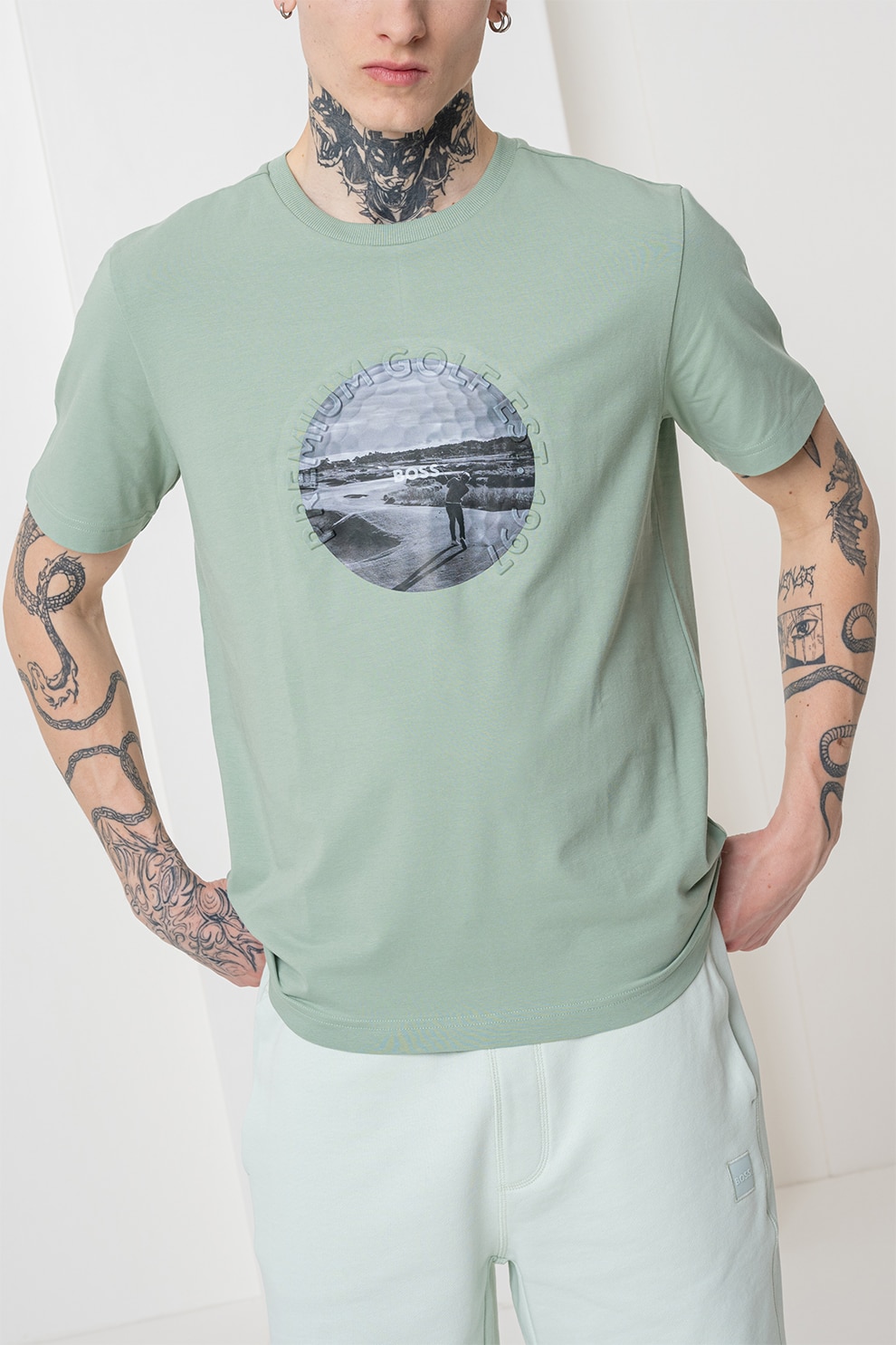 BOSS, Tricou din amestec de bumbac cu imprimeu foto Heritage, Gri, Verde spranghel, 2XL