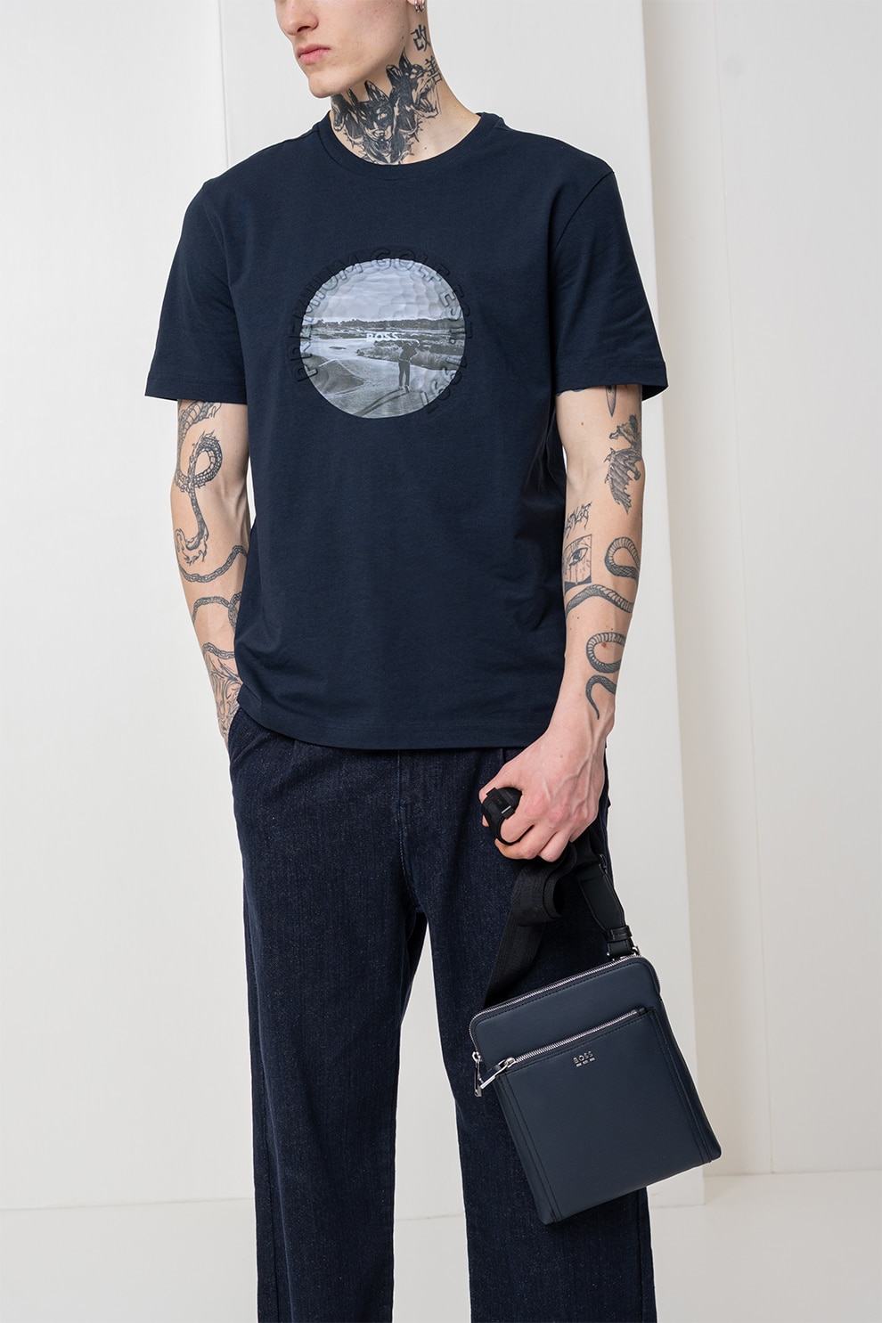 BOSS, Tricou din amestec de bumbac cu imprimeu foto Heritage, Albastru ultramarin, M