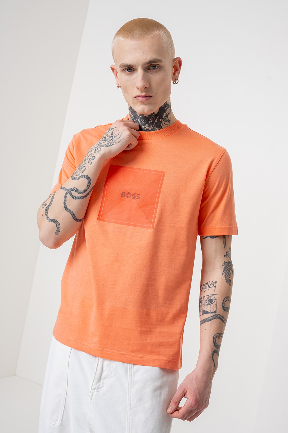 BOSS, Tricou cu decolteu la baza gatului si imprimeu logo, Portocaliu mandarina, 2XL