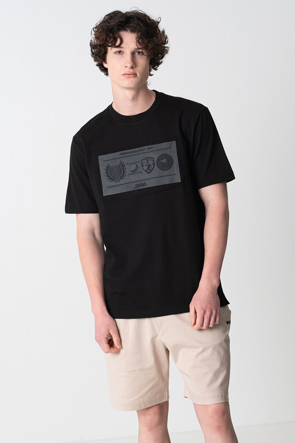 BOSS, Tricou cu decolteu la baza gatului si maneci cazute, Negru, S