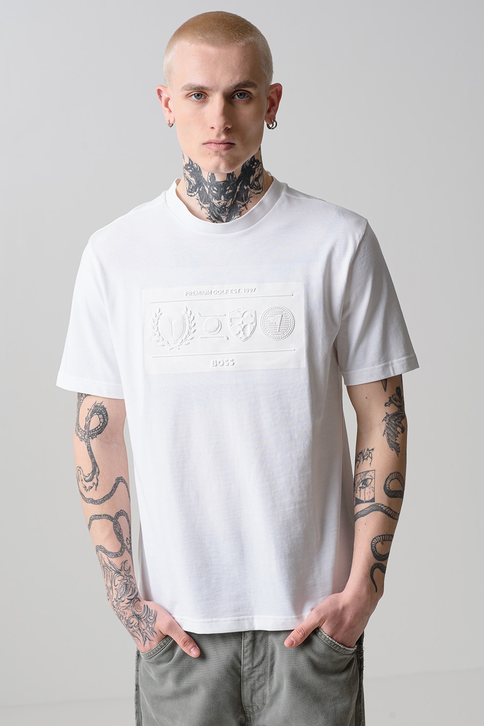 BOSS, Tricou cu decolteu la baza gatului si maneci cazute, Alb optic, 2XL