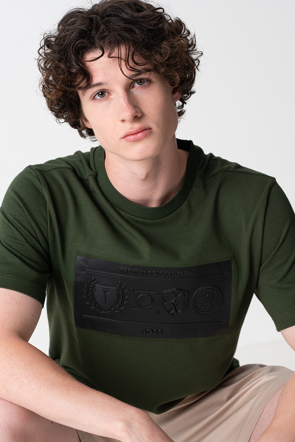 BOSS, Tricou cu decolteu la baza gatului si maneci cazute, Verde, S