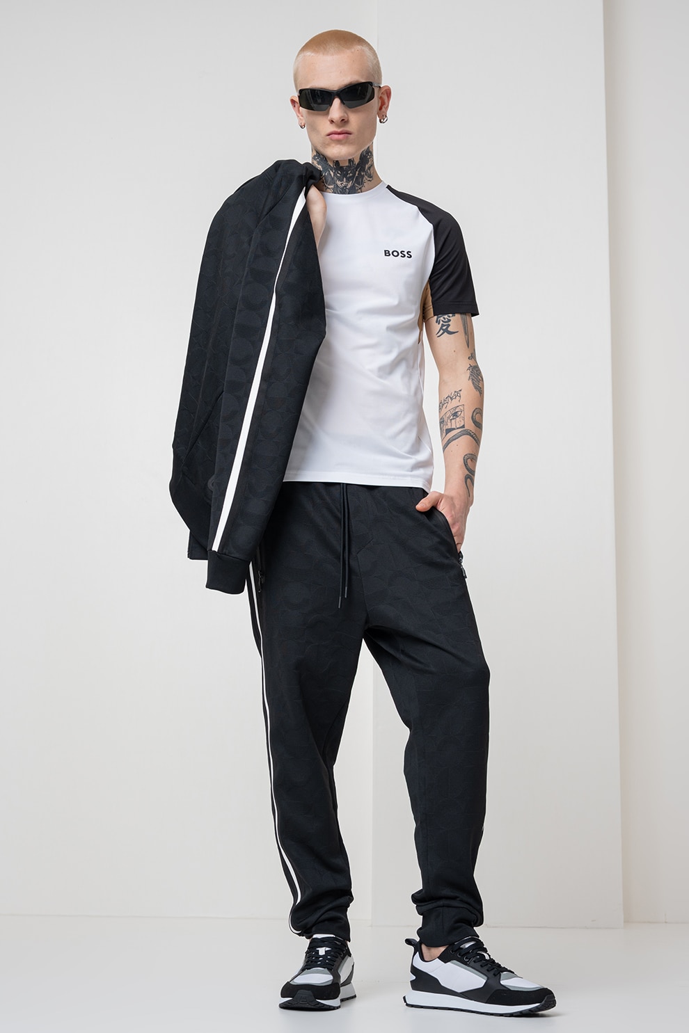 BOSS, Tricou din material pique cu logo, Alb, Negru, Maro, 2XL