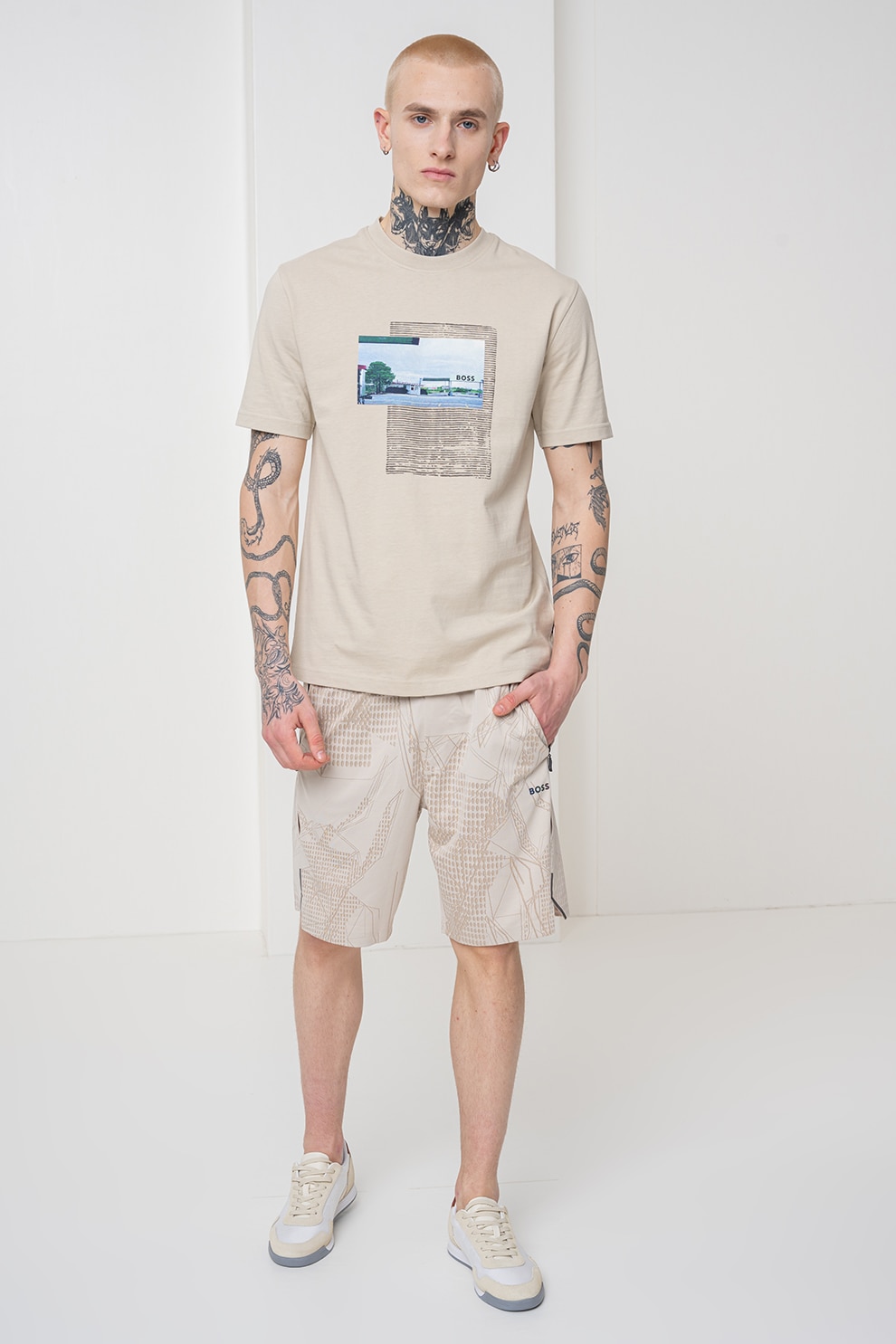 BOSS, Tricou din bumbac cu decolteu la baza gatului si model grafic, Verde pal, 2XL