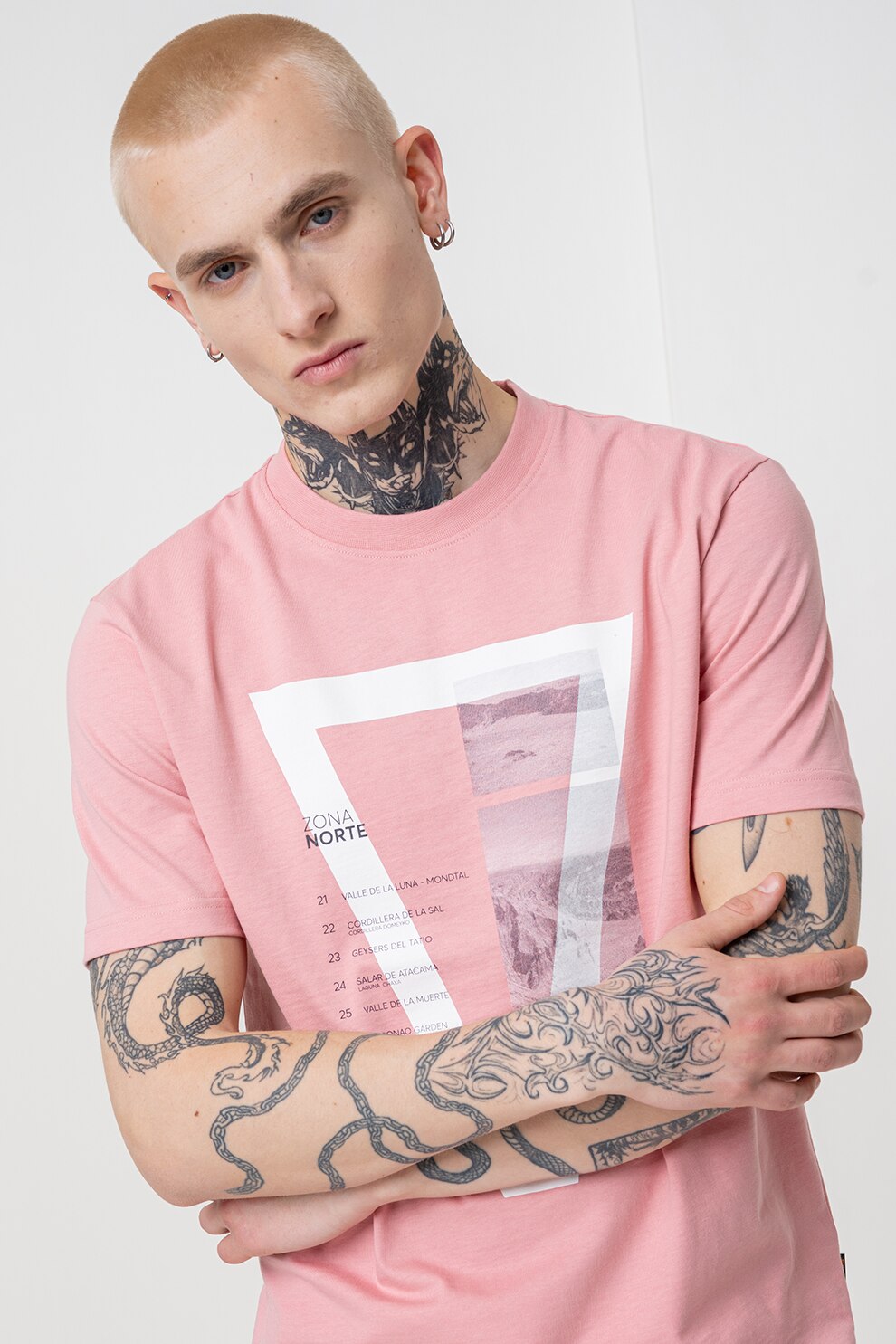 BOSS, Tricou din bumbac cu decolteu la baza gatului si model grafic, Alb, Roz, S