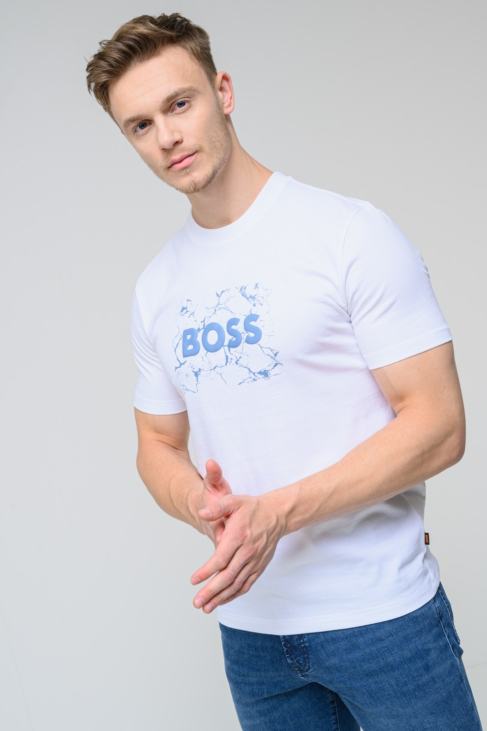 BOSS, Tricou cu logo, Alb, 3XL