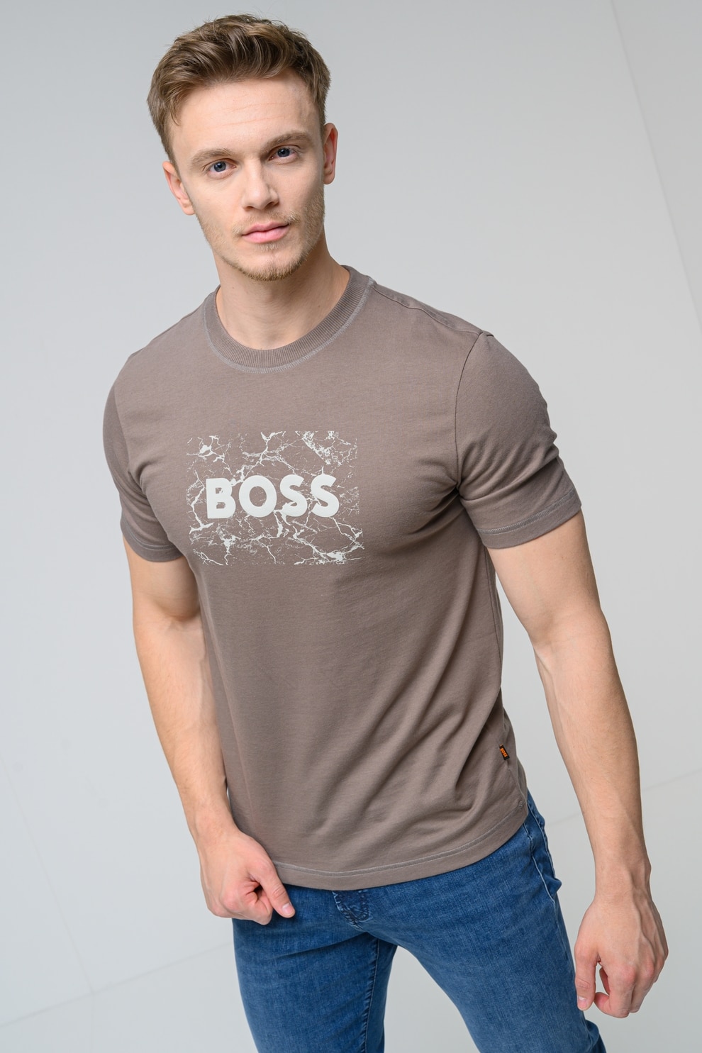 BOSS, Tricou cu logo, Maro, 3XL