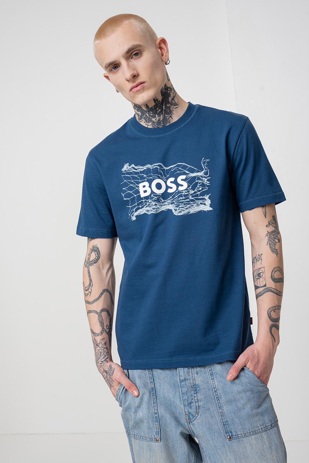BOSS, Tricou cu logo, Albastru, 2XL