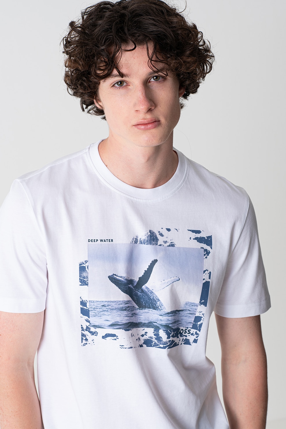 BOSS, Tricou cu imprimeu foto, Alb, M