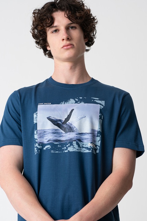 BOSS, Tricou cu imprimeu foto, Albastru