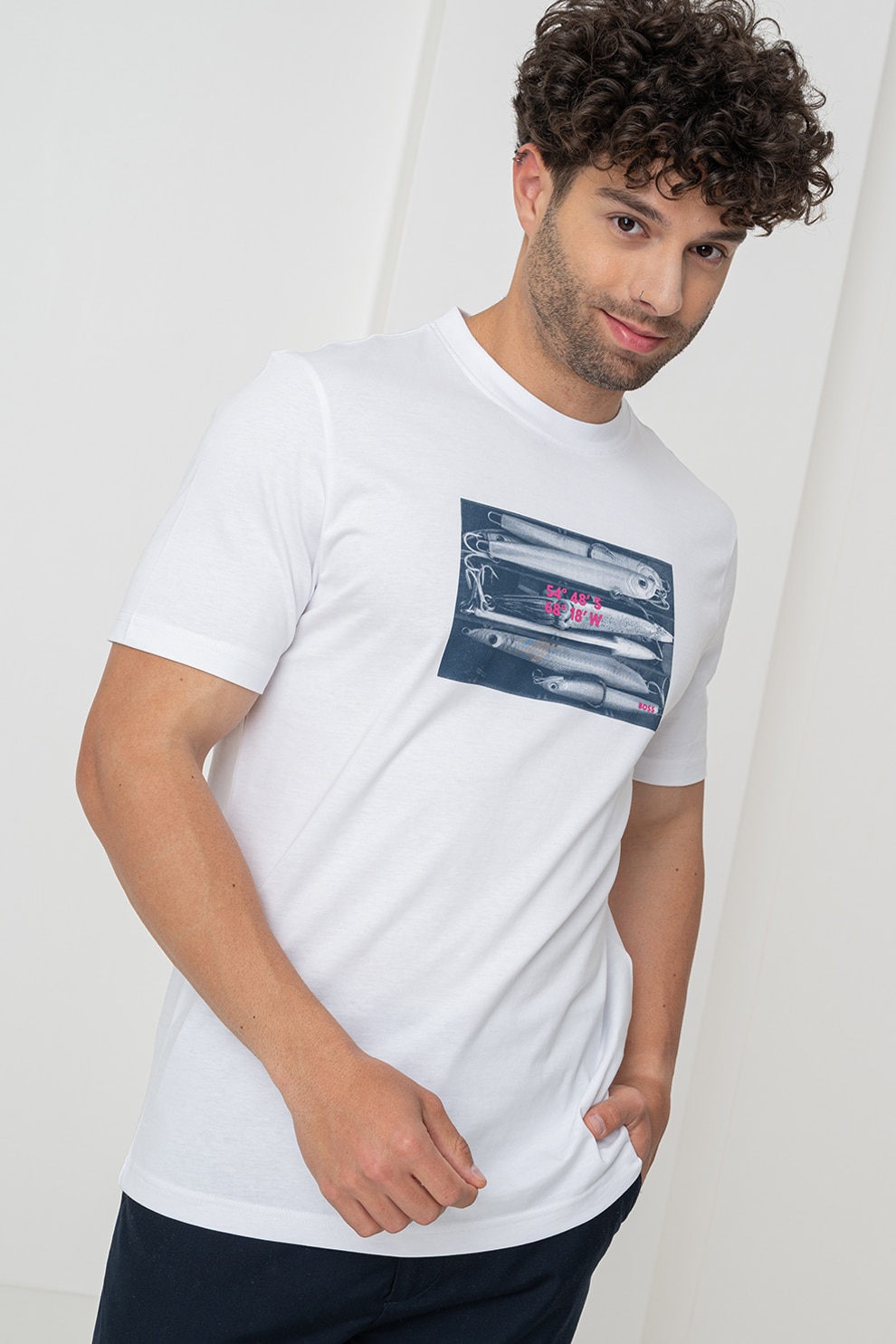 BOSS, Tricou cu imprimeu si decolteu la baza gatului Dune, Alb optic, Albastru, 2XL