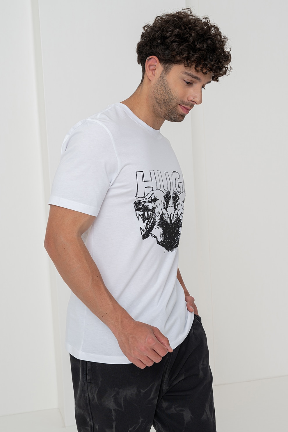 HUGO, Tricou din bumbac cu imprimeu logo, Negru, Alb optic, XL