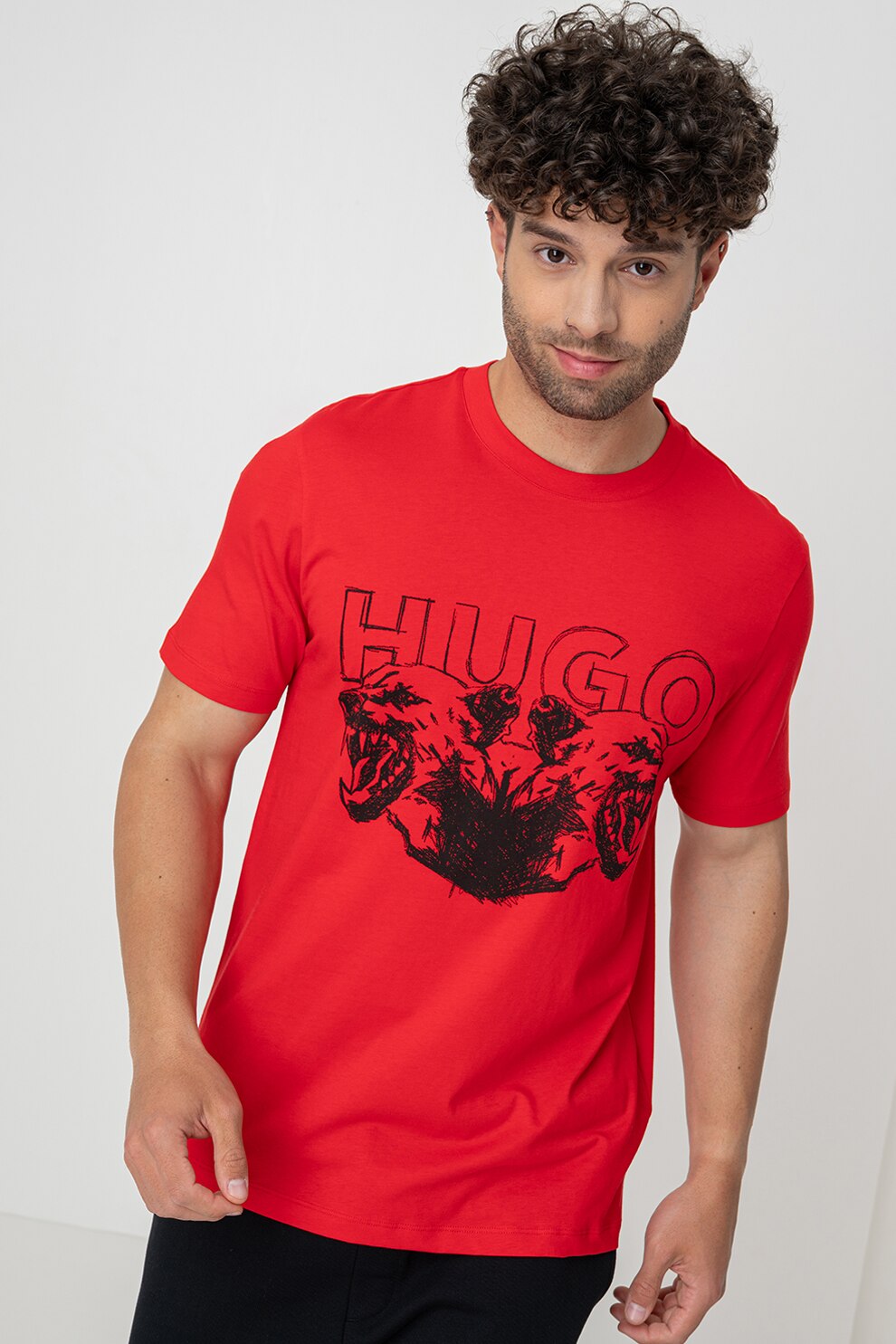 HUGO, Tricou din bumbac cu imprimeu logo, Rosu, 2XL
