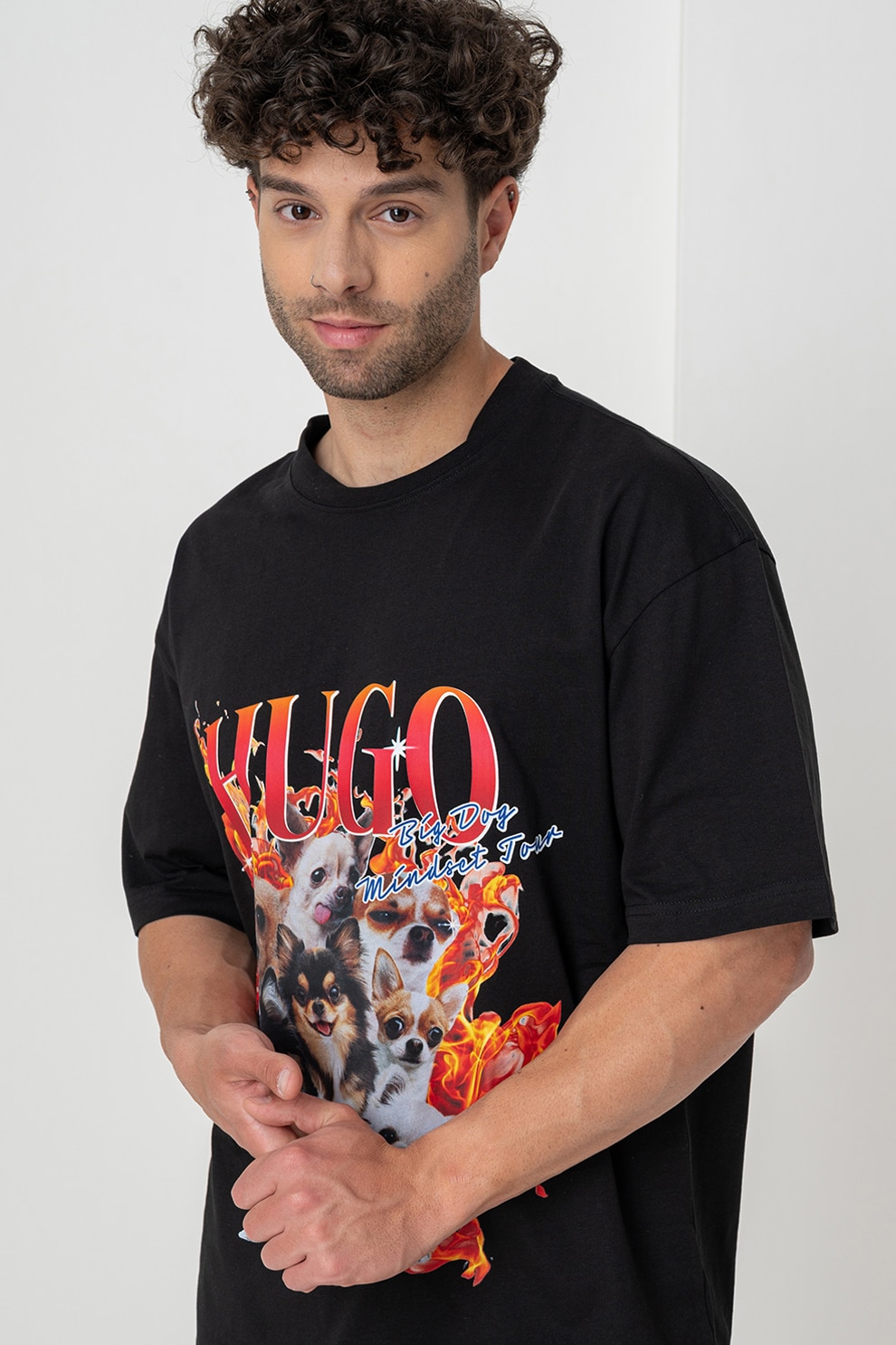 HUGO, Tricou din bumbac cu imprimeu logo, Rosu, Negru, Portocaliu, L