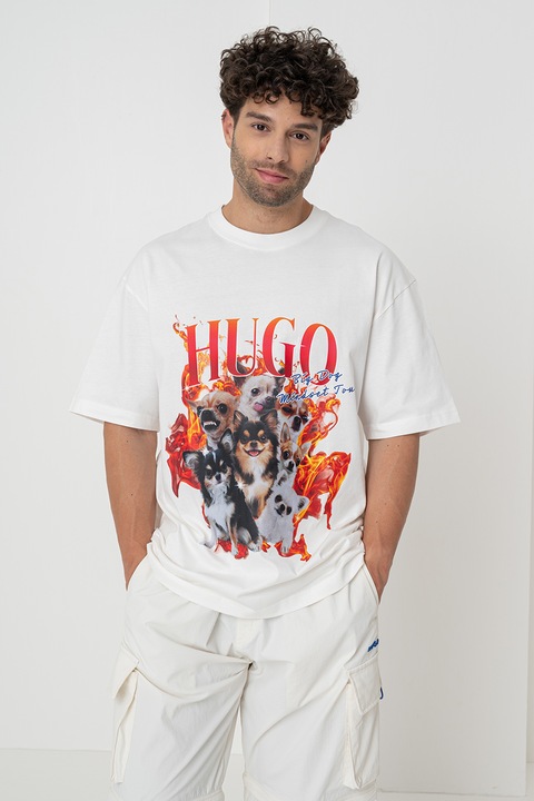 HUGO, Tricou din bumbac cu imprimeu logo, Rosu/Alb
