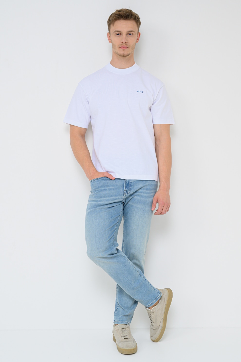BOSS, Tricou cu decolteu la baza gatului si model, Albastru prafuit, Alb optic, 2XL