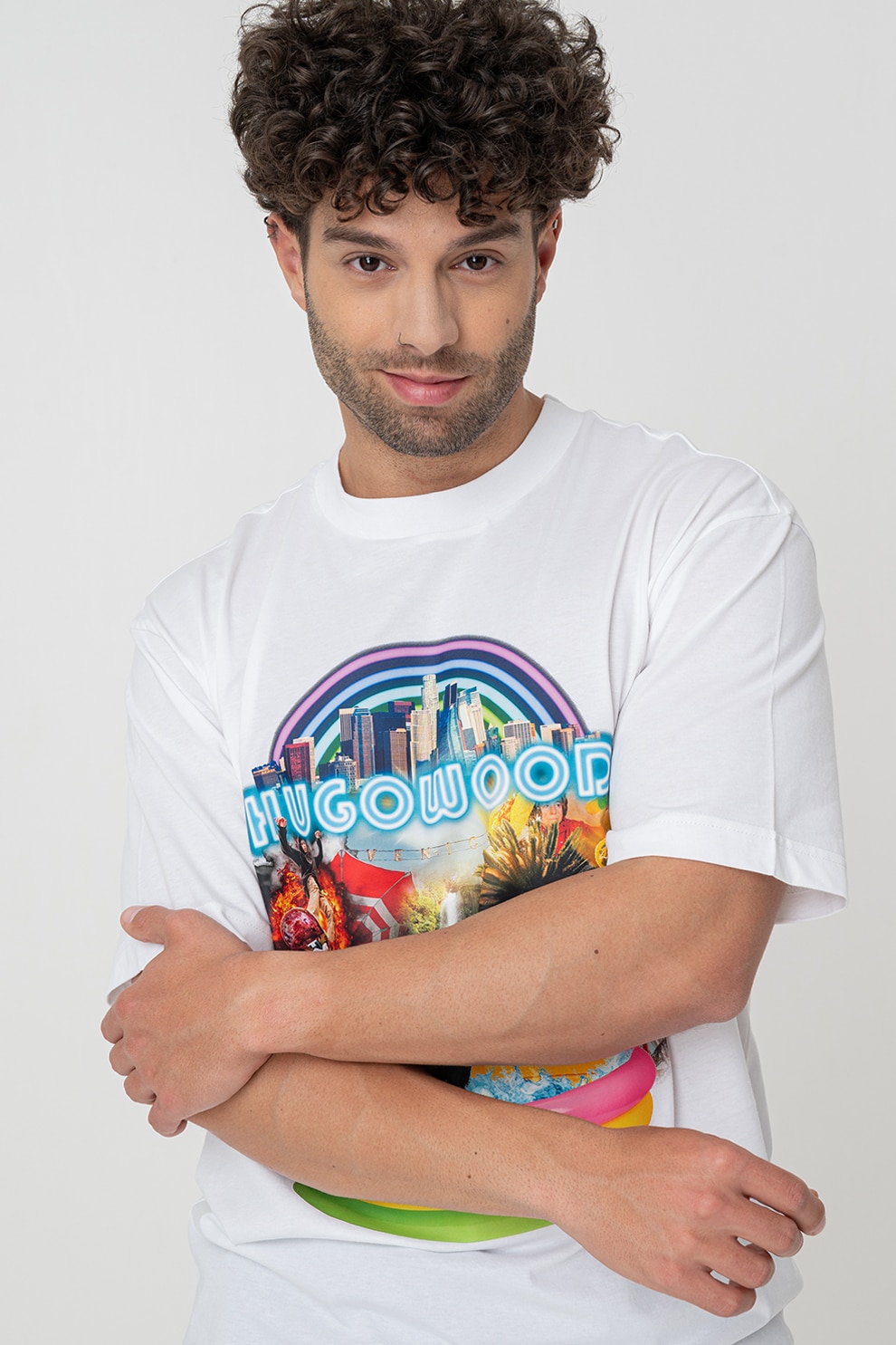 HUGO, Tricou dn bumbac cu imprimeu grafic pe partea din spate, Alb, Galben, S