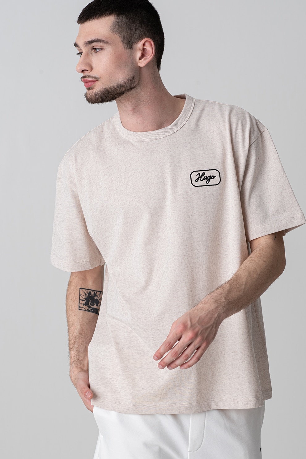 HUGO, Tricou din bumbac cu imprimeu text, Violet melange, L