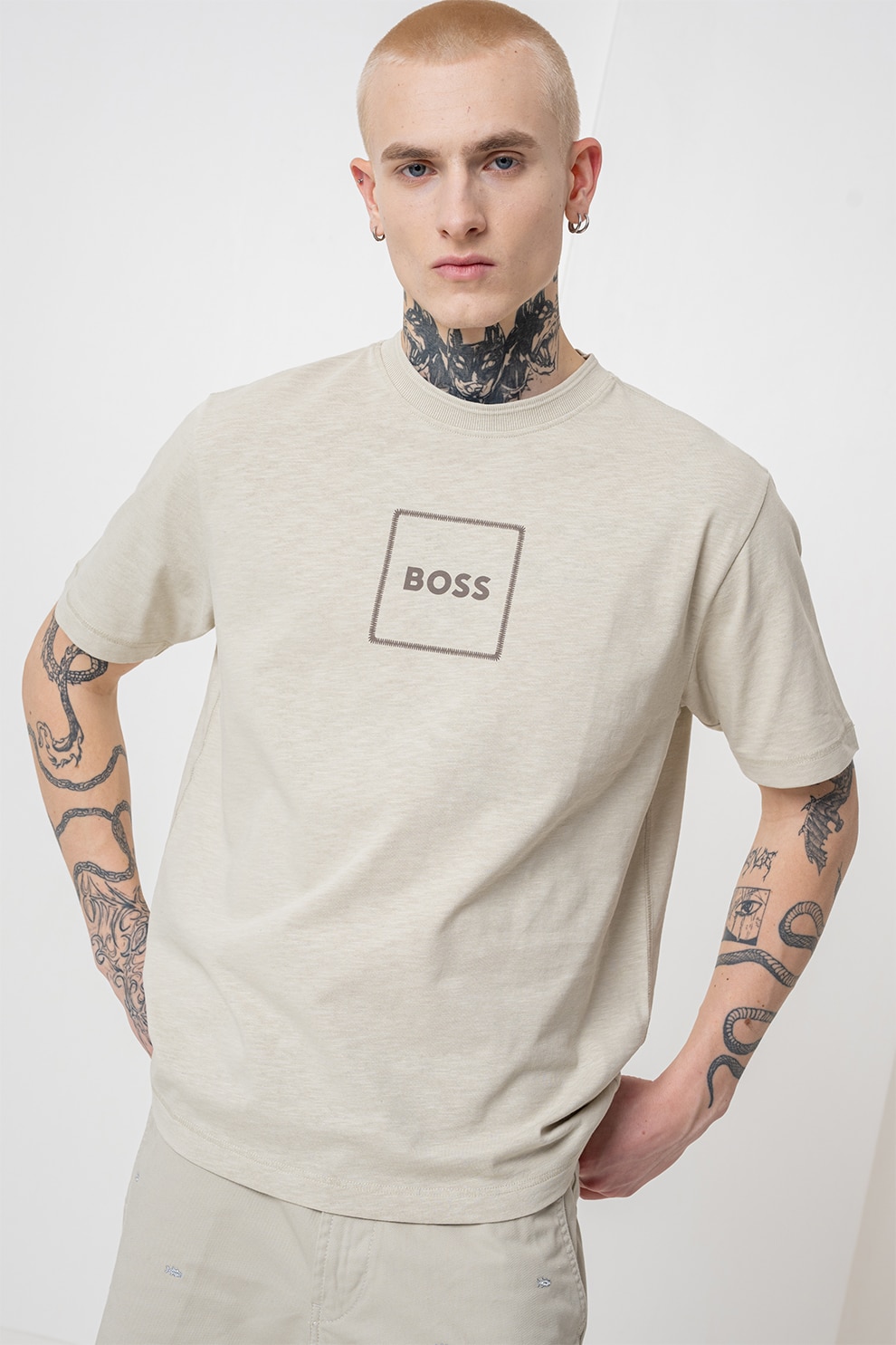 BOSS, Tricou din amestec de in, Bej inchis, 2XL