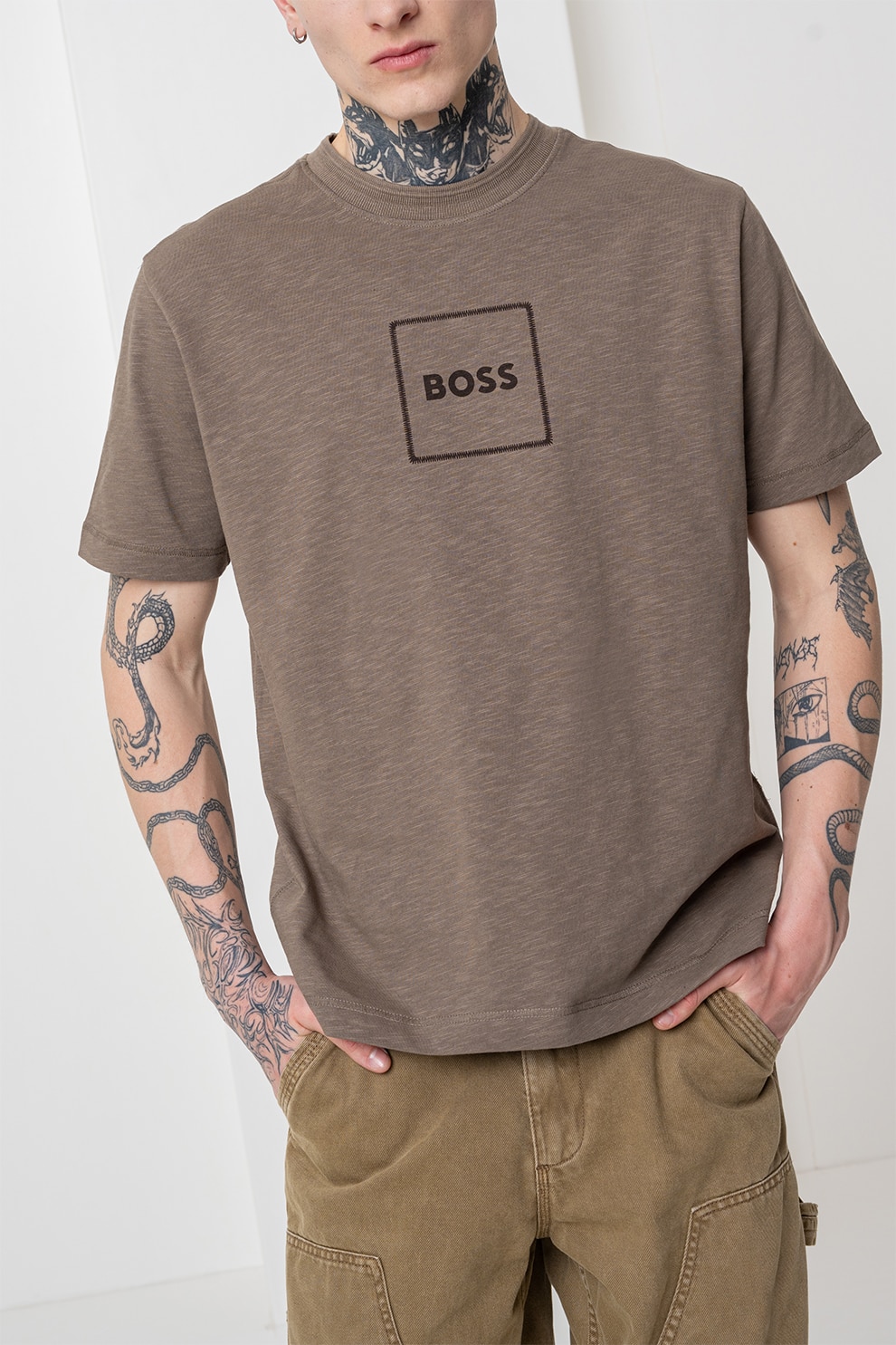 BOSS, Tricou din amestec de in, Maro fango, M